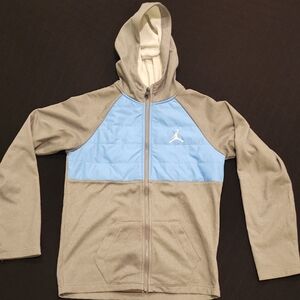 Jordan Gray and Blue Puffer Jacket with Hood and Raglan Sleeves